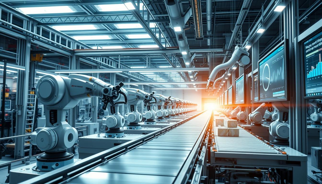 A futuristic factory interior showcasing advanced robotic arms and automated machinery in action, illuminated by bright LED lights, intricate conveyor belts transporting products, and large digital screens displaying real-time data analysis, all set within a sleek, modern manufacturing environment.