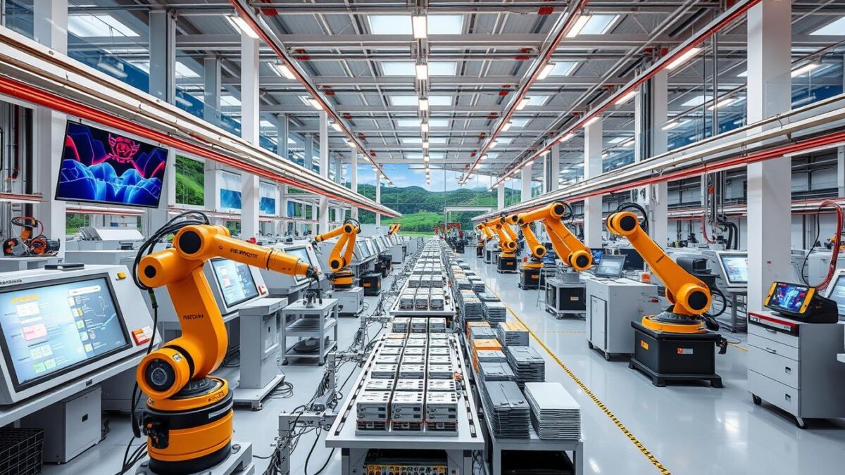 A futuristic manufacturing facility in Malaysia, showcasing advanced industrial automation technology, robotic arms assembling products, high-tech machinery, vibrant digital displays, and a clean, organized workspace with a backdrop of lush Malaysian landscapes and modern architecture.